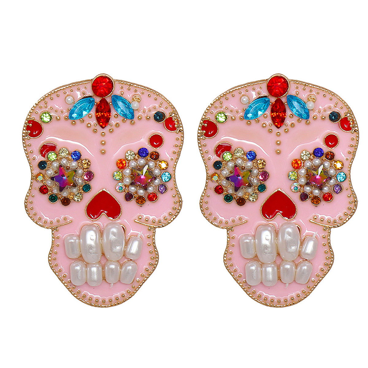 Pearl & Multicolor Cubic Zirconia 18K Gold-Plated Skull Stud Earrings