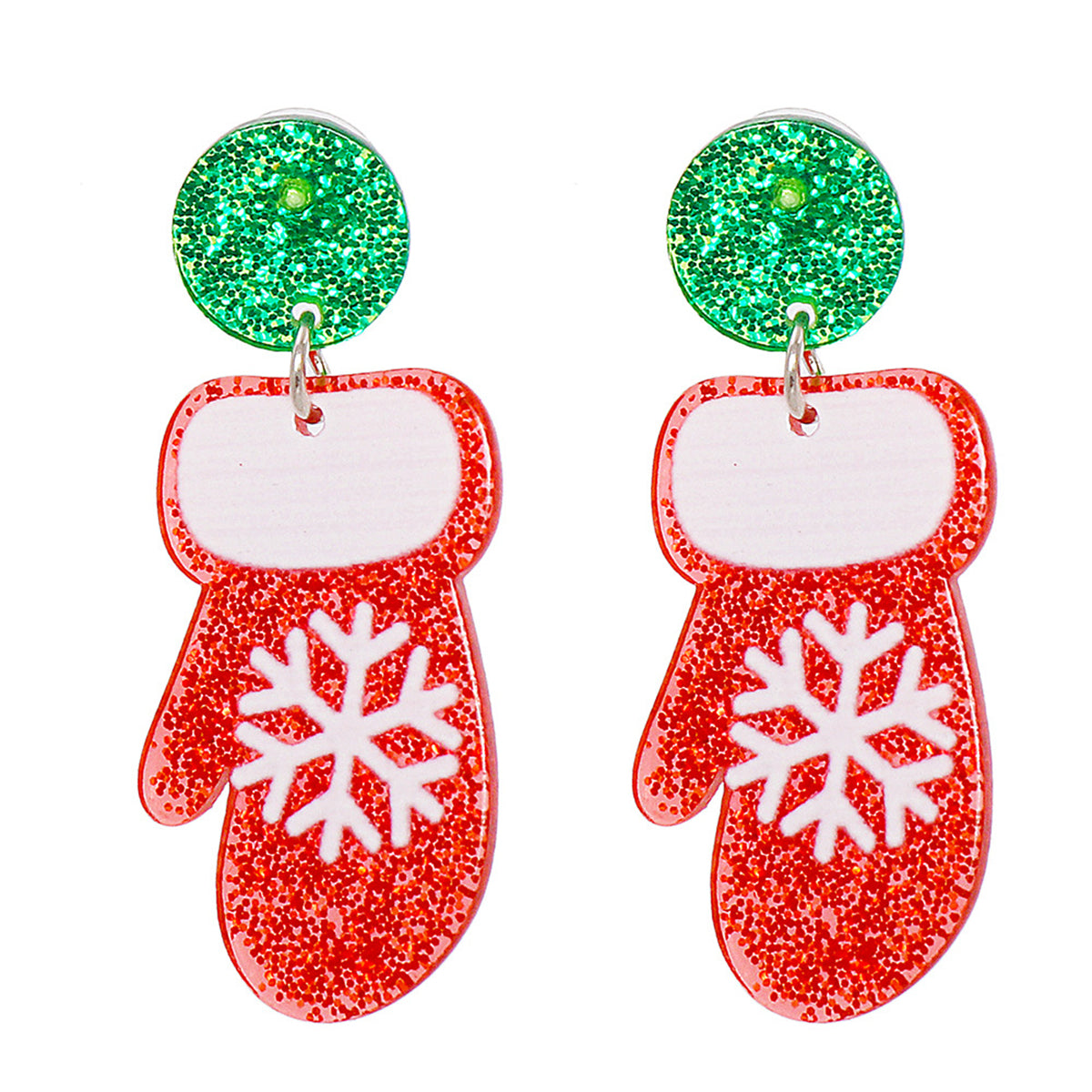 Red and Green Glitter Tiered Snowflake Glove Drop Earrings, drop earrings for women, botanical inspired, front view