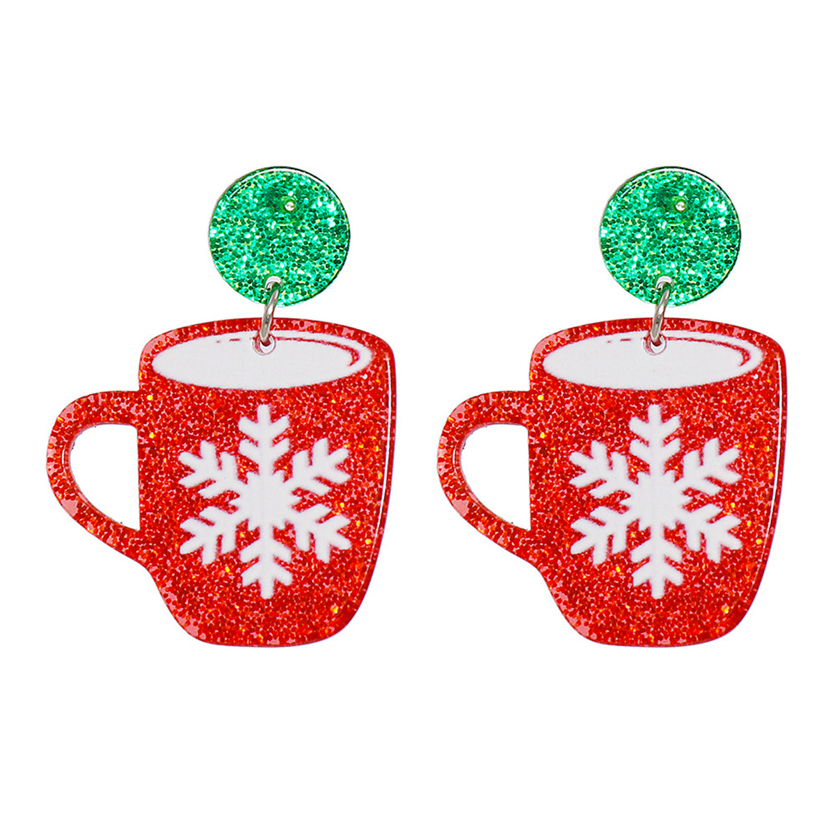 Red and Green Glitter Tiered Snowflake Cup Drop Earrings, drop earrings for women, elegant gift for her, front view