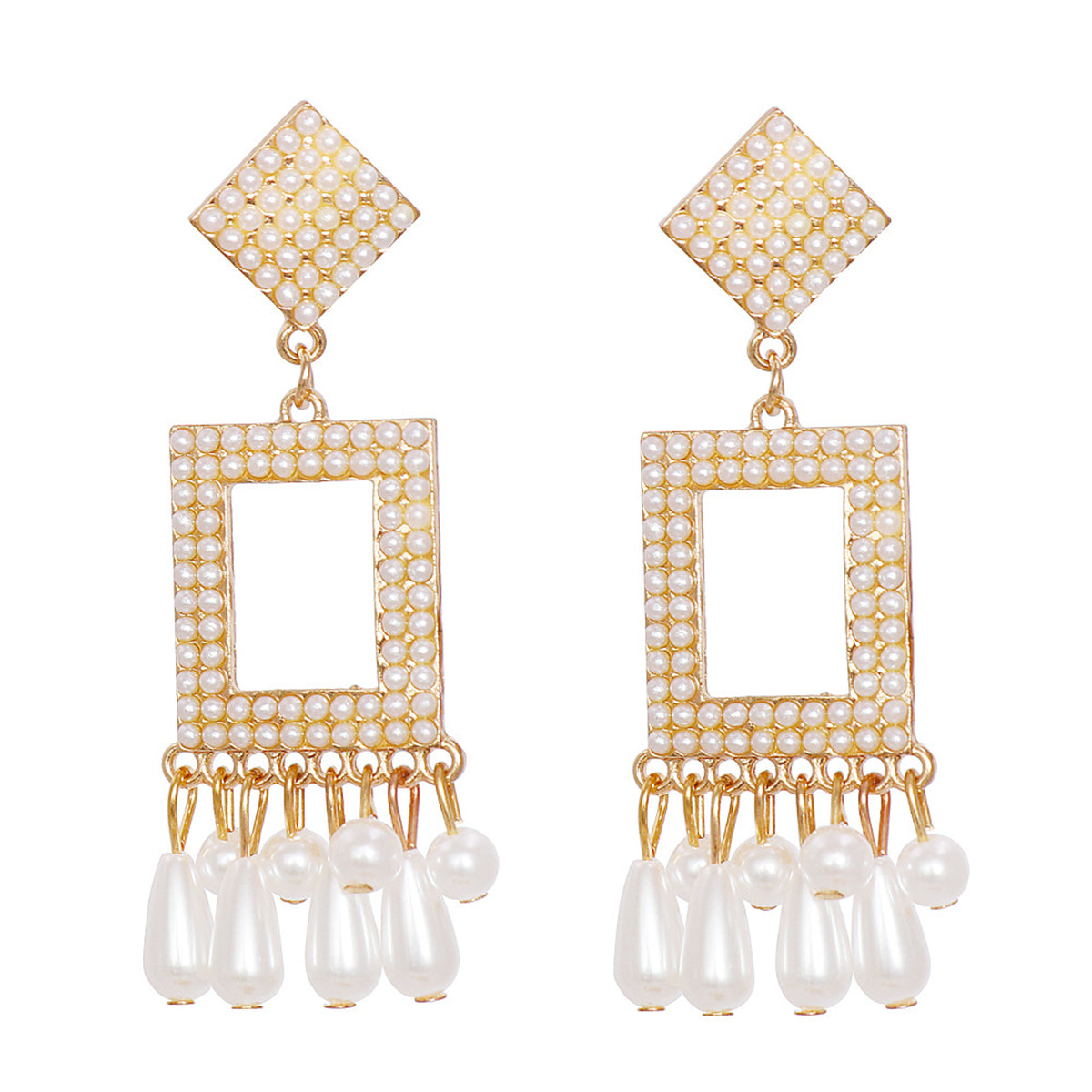 Pearl & 18K Gold-Plated Rhombus Rectangle Tassel Drop Earrings