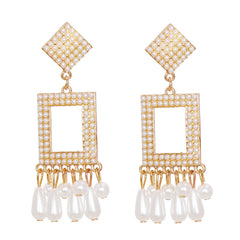 Pearl & 18K Gold-Plated Rhombus Rectangle Tassel Drop Earrings