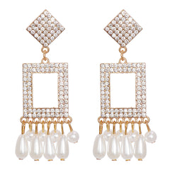 Cubic Zirconia & Pearl 18K Gold-Plated Rhombus Rectangle Drop Earrings