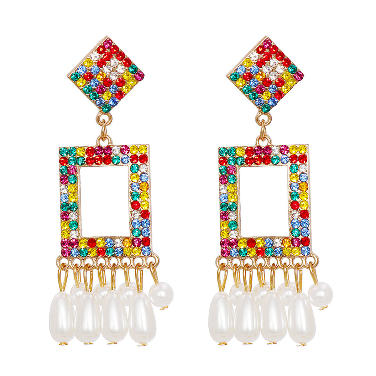 Red and Yellow Cubic Zirconia Tassel Drop Earrings, drop earrings for women, dainty minimalist design, front view