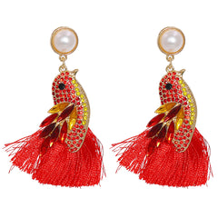 Red Crystal & Cubic Zirconia Pearl Bird Tassel Drop Earrings