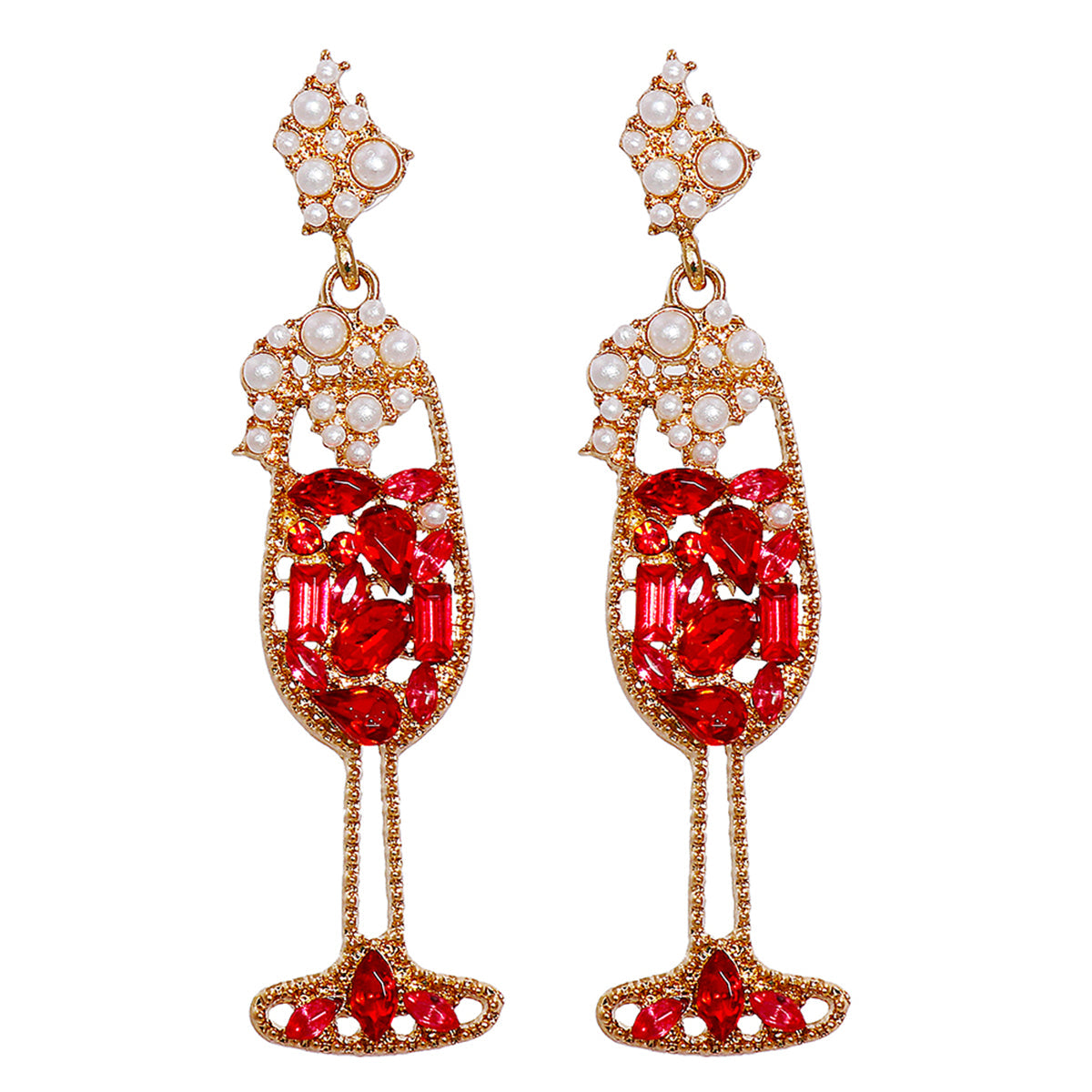 Red Crystal & Cubic Zirconia Pearl Champagne Drop Earrings