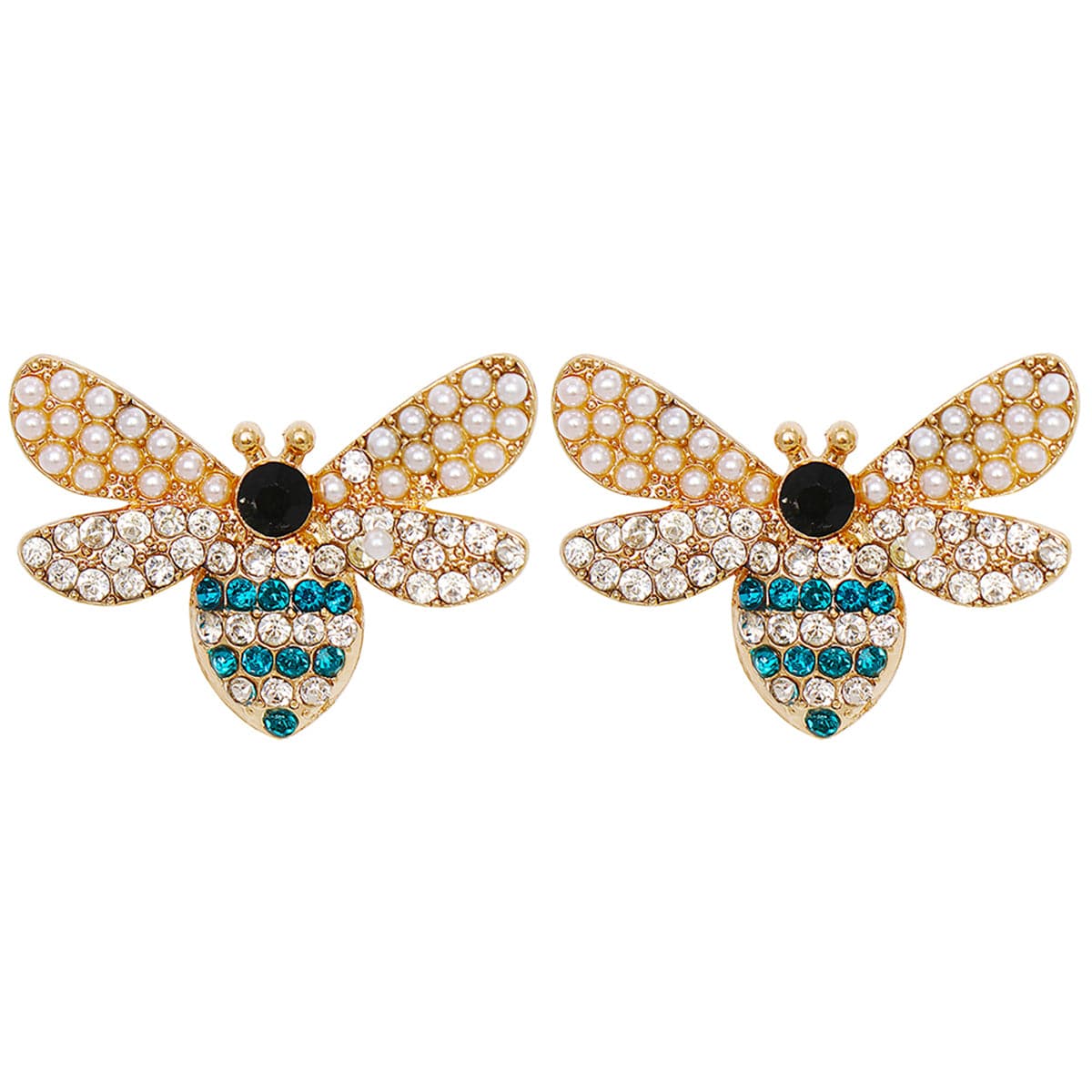 Blue Cubic Zirconia and Pearl 18K Gold-Plated Bee Stud Earrings, gold stud earrings for women, side view