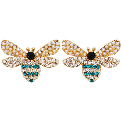 Blue Cubic Zirconia and Pearl 18K Gold-Plated Bee Stud Earrings, gold stud earrings for women, side view
