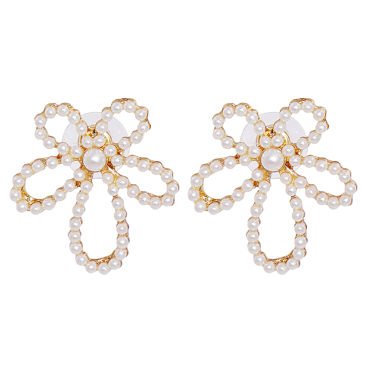 Pearl and 18K Gold-Plated Open Flower Stud Earrings, gold stud earrings for women, vintage-inspired design, front view