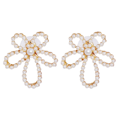 Pearl and 18K Gold-Plated Open Flower Stud Earrings, gold stud earrings for women, vintage-inspired design, front view