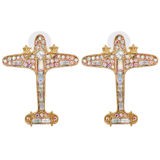 Cubic Zirconia and Crystal 18K Gold-Plated Airplane Drop Earrings, gold stud earrings for women, everyday style, front view
