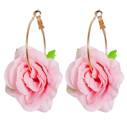 Pink Mesh and 18K Gold-Plated Flower Hoop Earrings, gold drop earrings for women, vintage-inspired design, side view