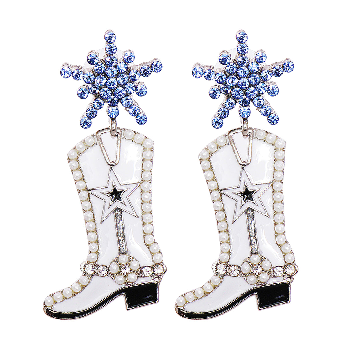 Blue Cubic Zirconia and Pearl Silver-Plated Cowboy Boot Drop Earrings, silver drop earrings for women, side view