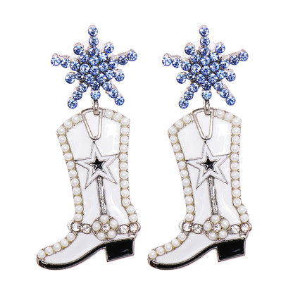 Blue Cubic Zirconia and Pearl Silver-Plated Cowboy Boot Drop Earrings, silver drop earrings for women, side view