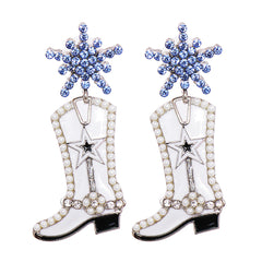 Blue Cubic Zirconia & Pearl Silver-Plated Cowboy Boot Drop Earrings
