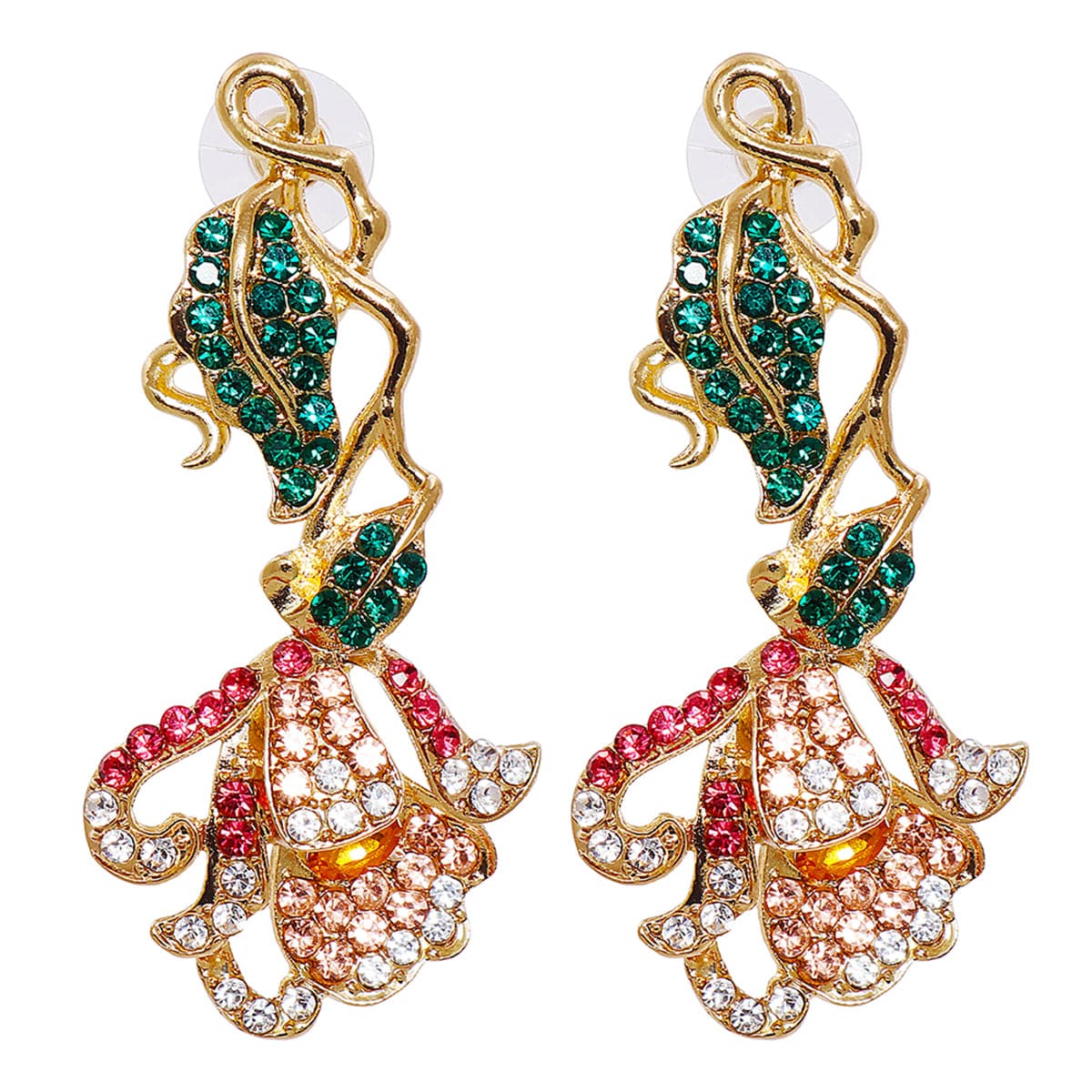 Green Multicolor Cubic Zirconia and 18K Gold-Plated Petunia Drop Earrings, gold drop earrings for women, side view
