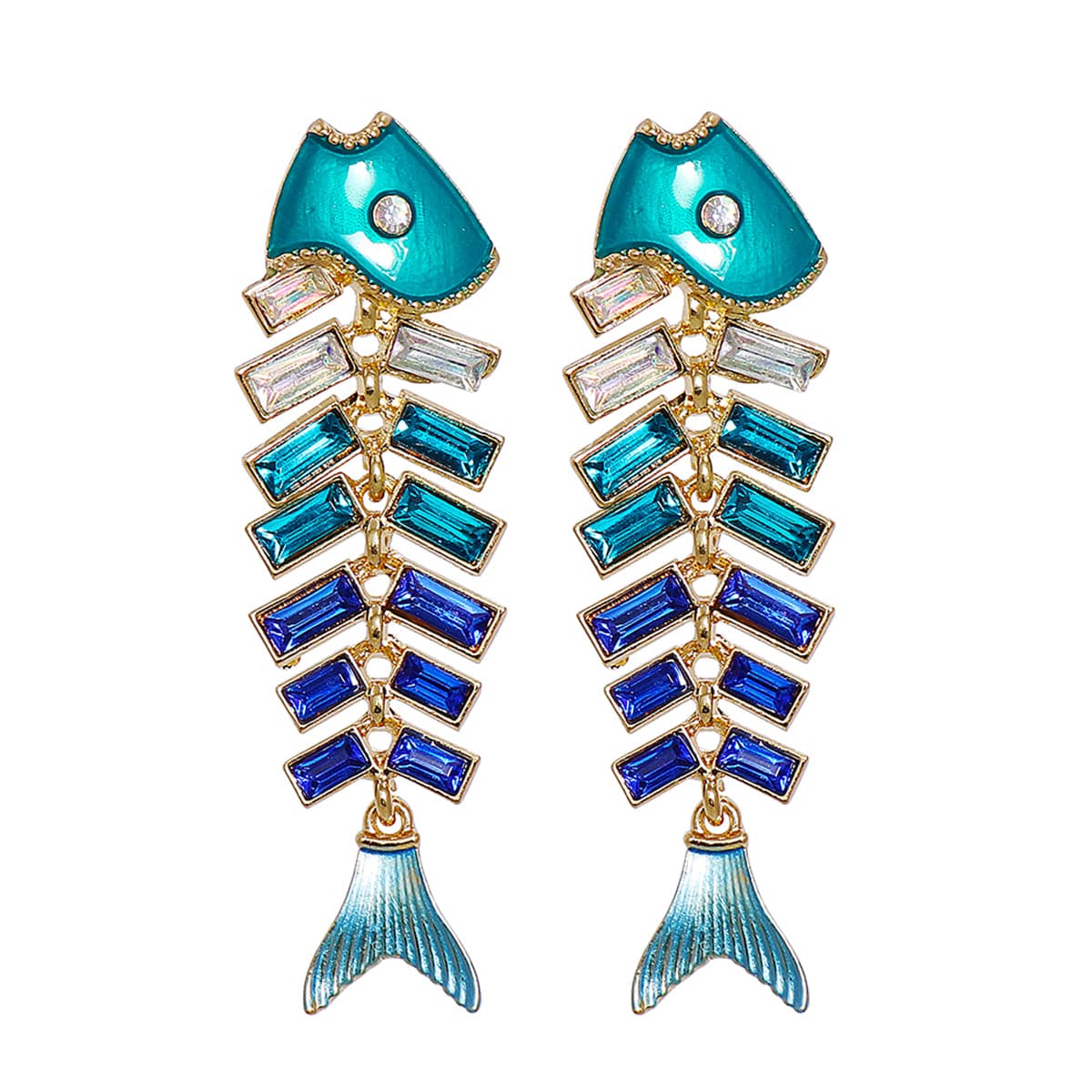 Blue Enamel & Crystal Fish Bone Drop Earrings