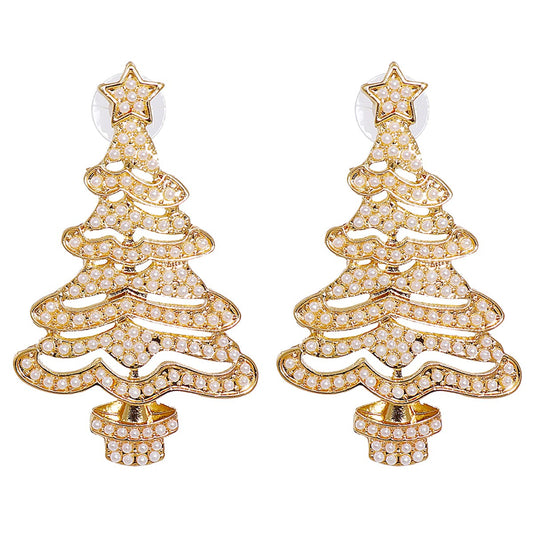 Pearl and 18K Gold-Plated Christmas Tree Drop Earrings, gold drop earrings for women, botanical inspired, front view