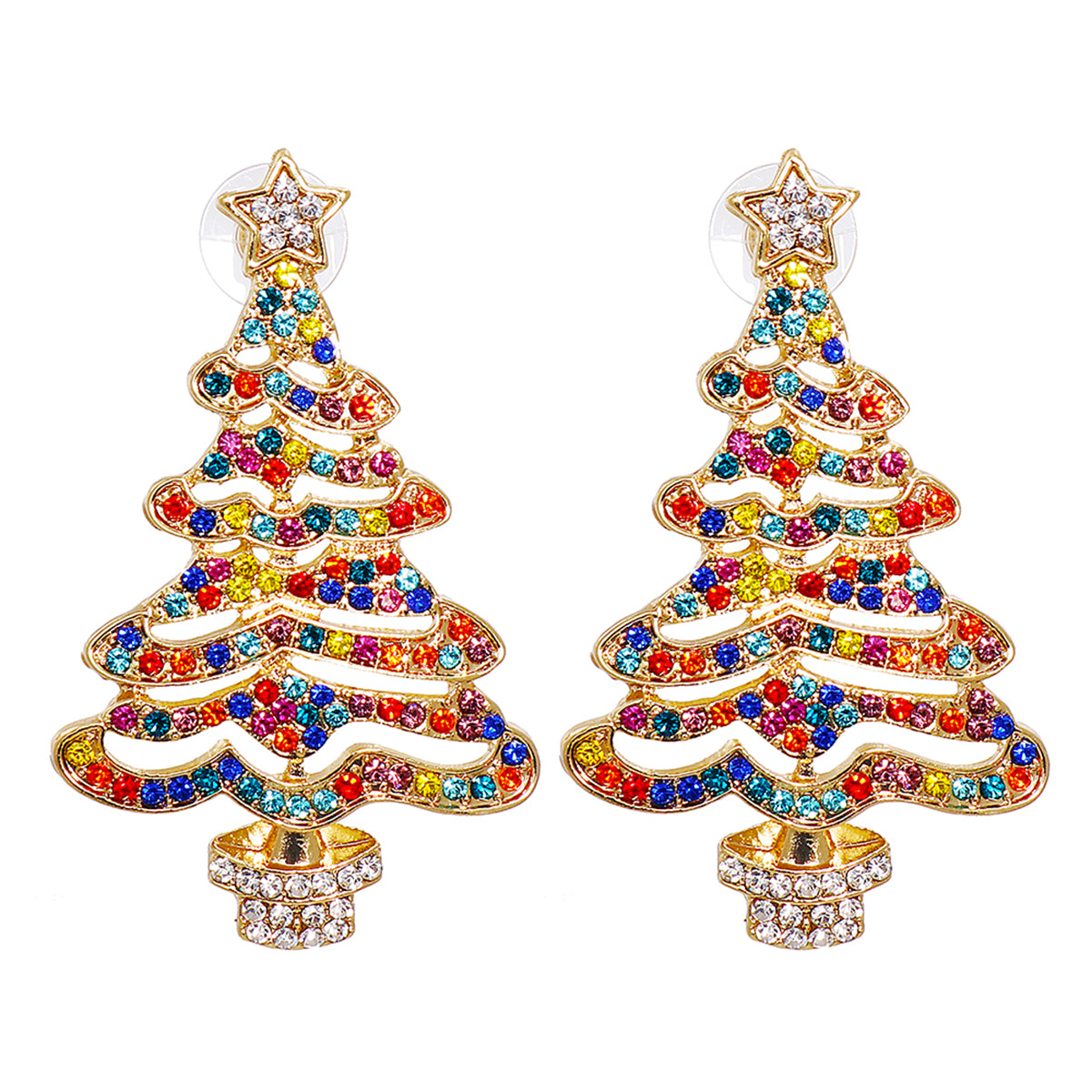 Jewel-Tone Cubic Zirconia and 18K Gold-Plated Christmas Tree Drop Earrings, gold drop earrings for women, side view