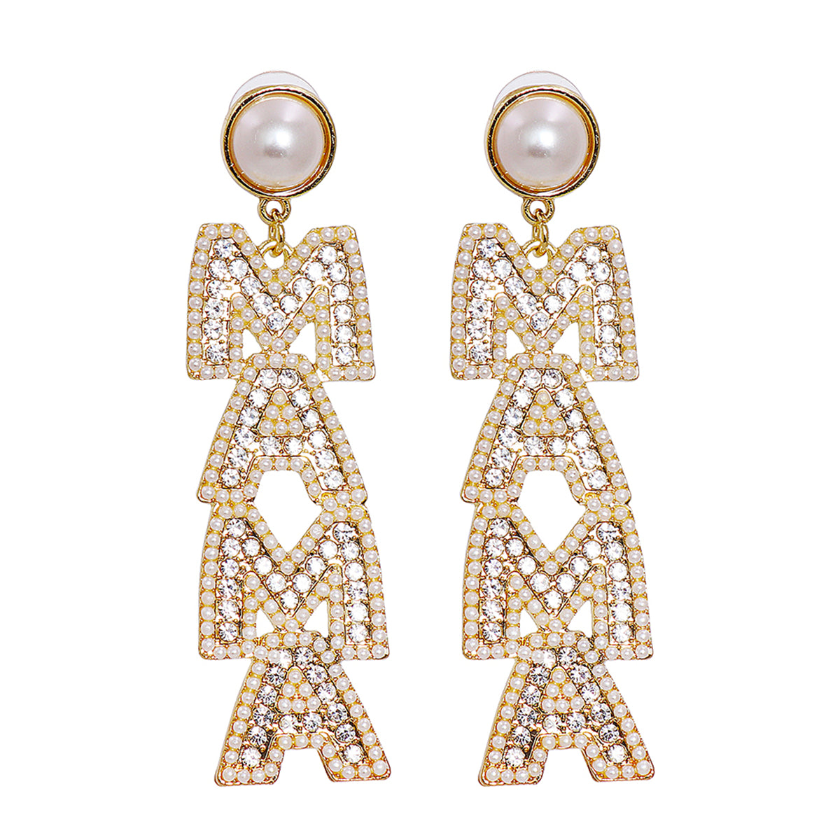 Cubic Zirconia and Pearl 18K Gold-Plated 'Mama' Drop Earrings, gold drop earrings for women, everyday style, front view