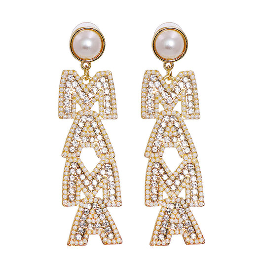 Cubic Zirconia and Pearl 18K Gold-Plated 'Mama' Drop Earrings, gold drop earrings for women, everyday style, front view