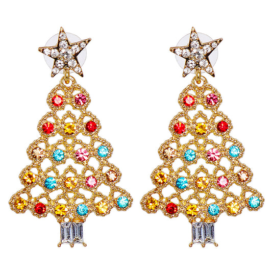 Jewel-Tone Cubic Zirconia and 18K Gold-Plated Festive Tree Drop Earrings, gold drop earrings for women, front view