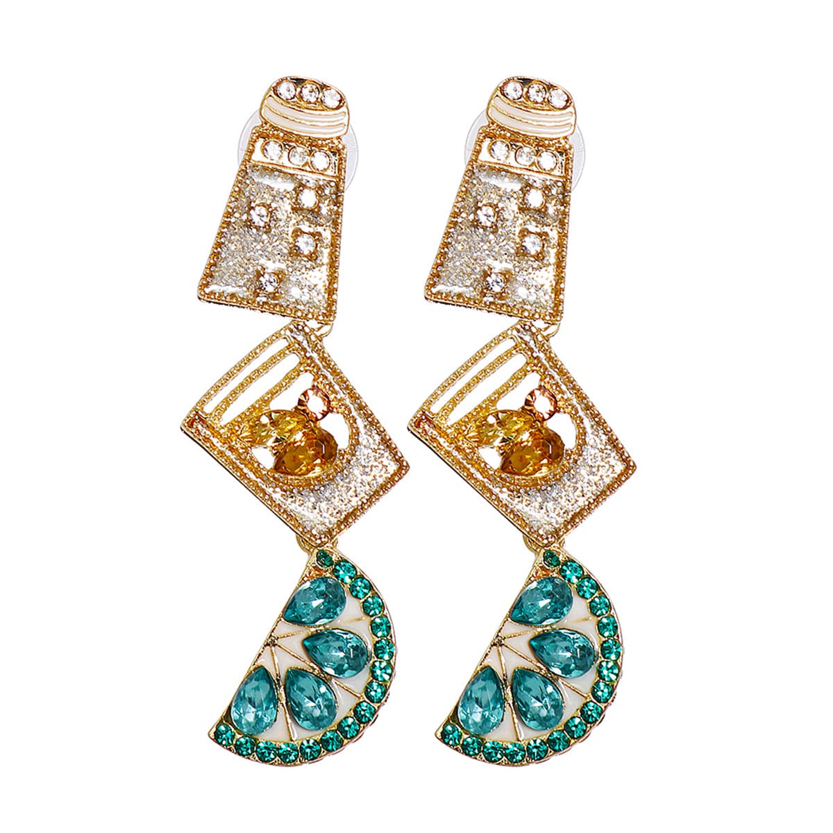 Green Crystal and Cubic Zirconia Cup Lemon Drop Earrings, drop earrings for women, botanical inspired, front view