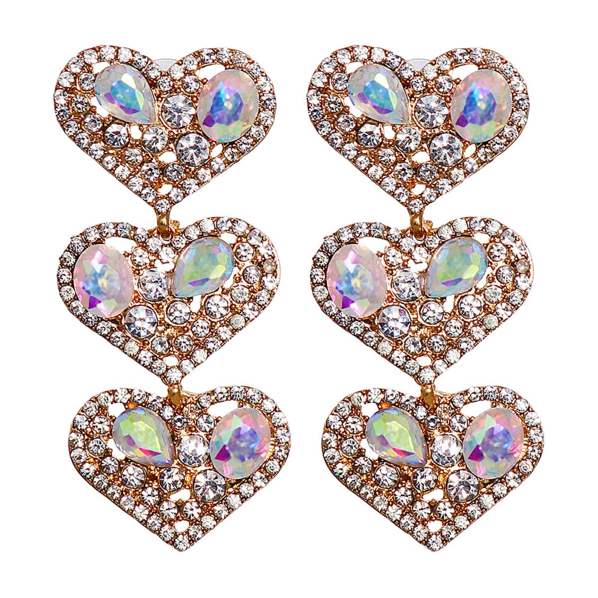 Cubic Zirconia & Crystal 18K Gold-Plated Tiered Heart Drop Earrings