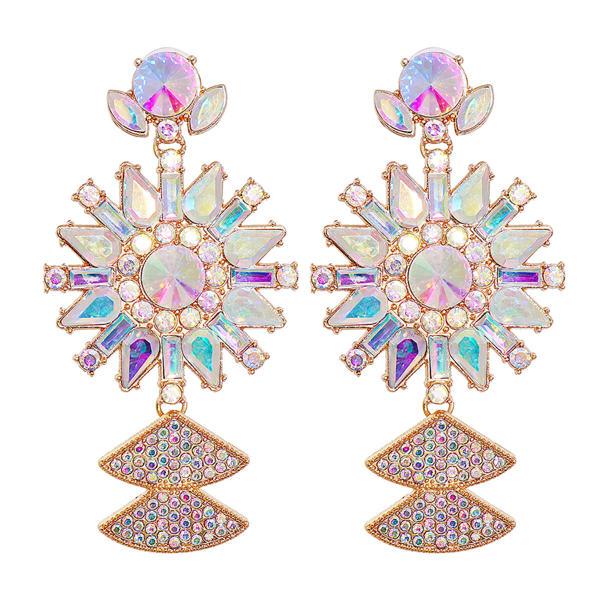 Pink Crystal and Cubic Zirconia 18K Gold-Plated Sunflower Drop Earrings, gold drop earrings for women, front view