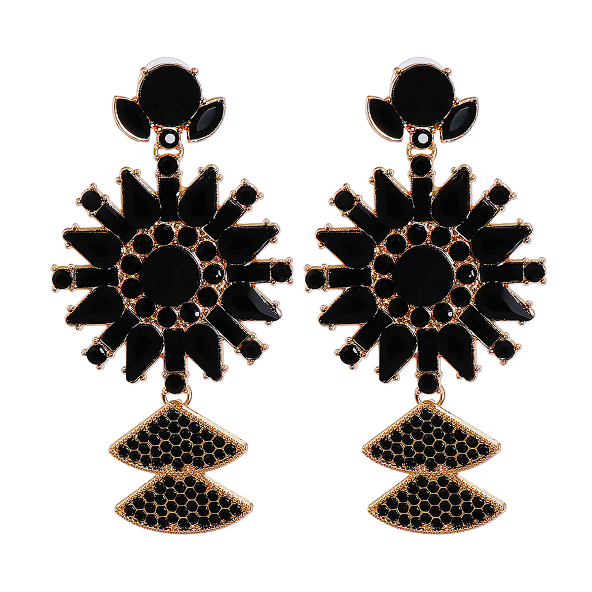 Black Crystal and Cubic Zirconia 18K Gold-Plated Sunflower Drop Earrings, gold drop earrings for women, front view