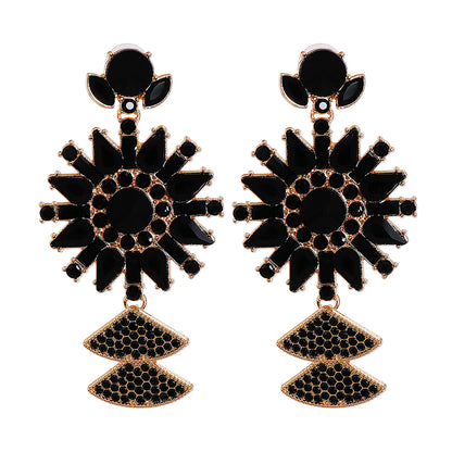 Black Crystal and Cubic Zirconia 18K Gold-Plated Sunflower Drop Earrings, gold drop earrings for women, front view