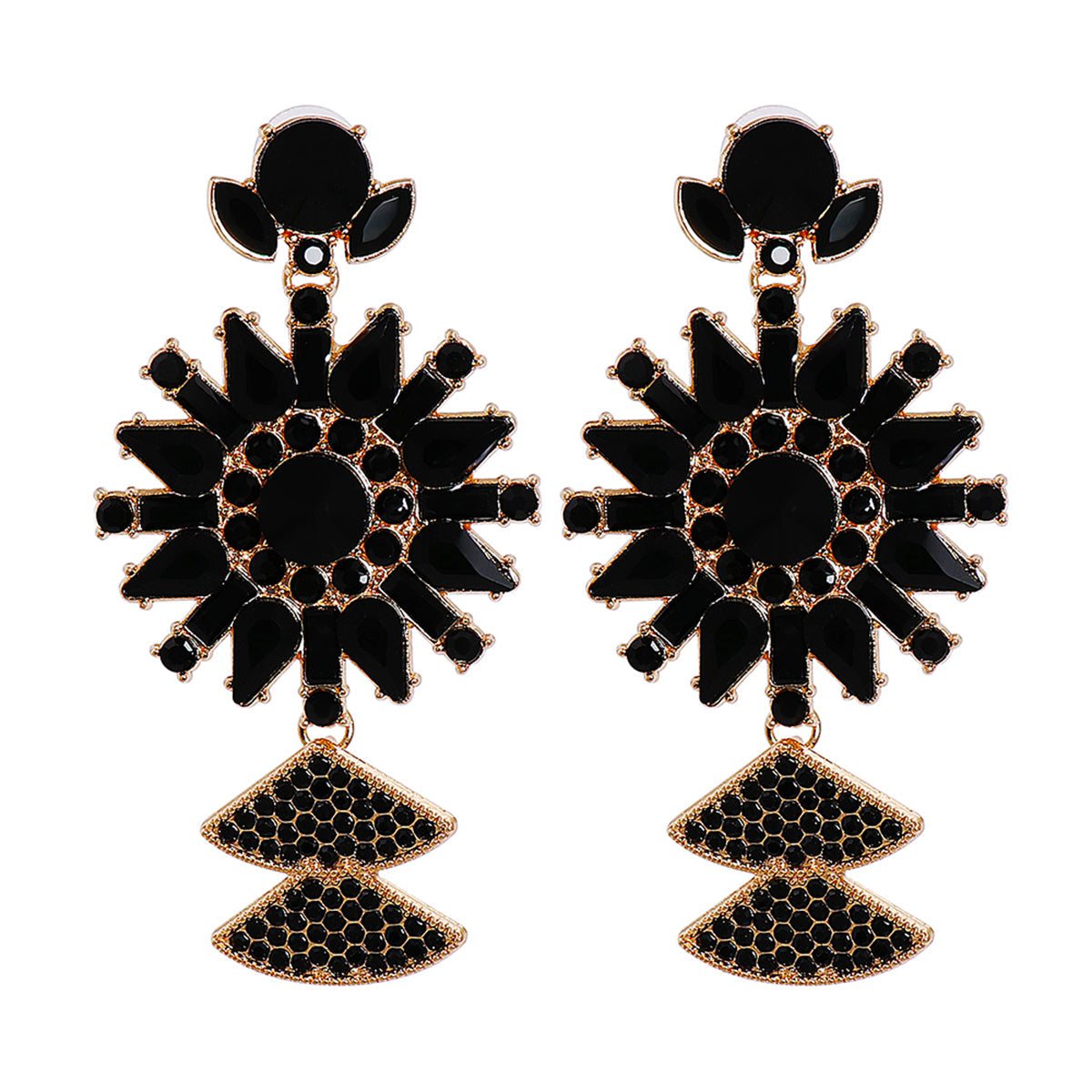 Black Crystal & Cubic Zirconia 18K Gold-Plated Sunflower Drop Earrings