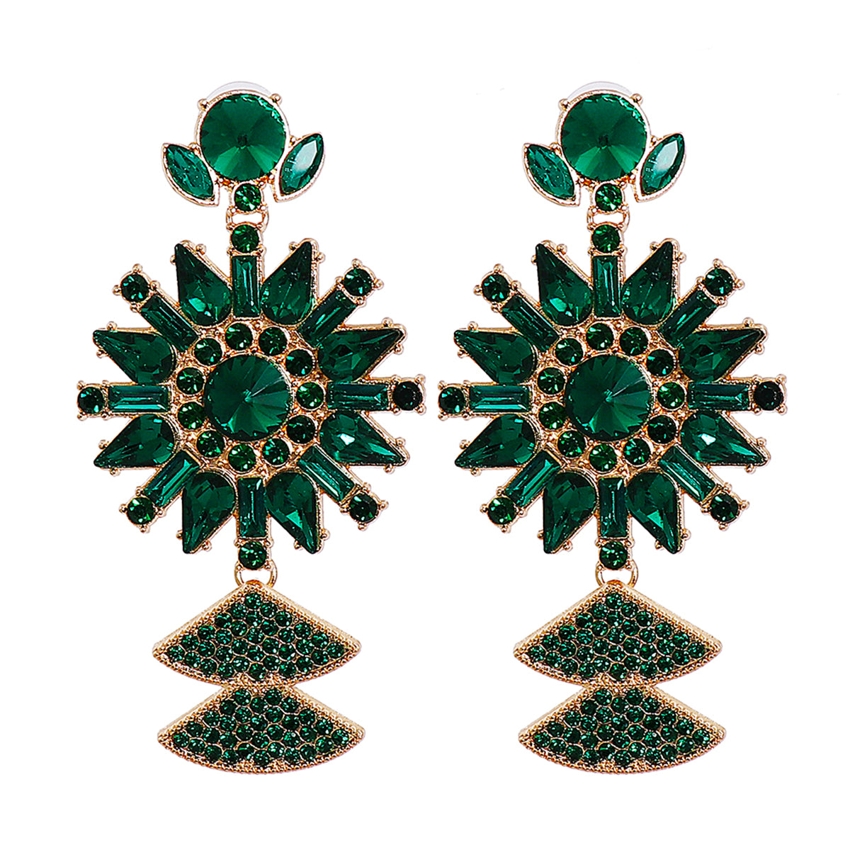 Green Crystal and Cubic Zirconia Sunflower Drop Earrings, drop earrings for women, everyday style, detail close-up