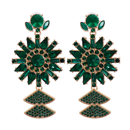 Green Crystal and Cubic Zirconia Sunflower Drop Earrings, drop earrings for women, everyday style, detail close-up