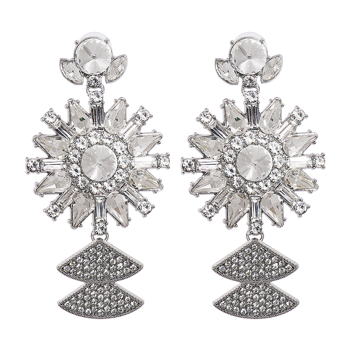 Crystal and Silver-Plated Sunflower Drop Earrings, silver drop earrings for women, everyday style, front view