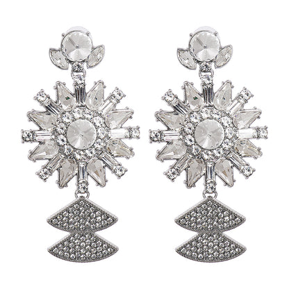 Crystal and Silver-Plated Sunflower Drop Earrings, silver drop earrings for women, everyday style, front view
