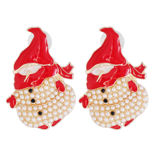 Black Cubic Zirconia and Pearl 18K Gold-Plated Snowman Stud Earrings, gold stud earrings for women, front view