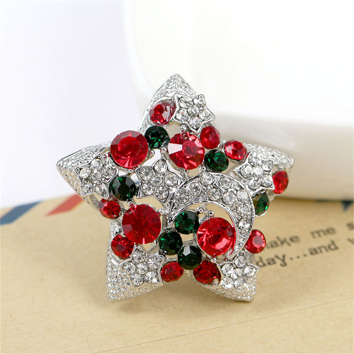 Red Cubic Zirconia and Silver-Plated Moon Star Brooch, silver brooch pin, botanical inspired, detail close-up