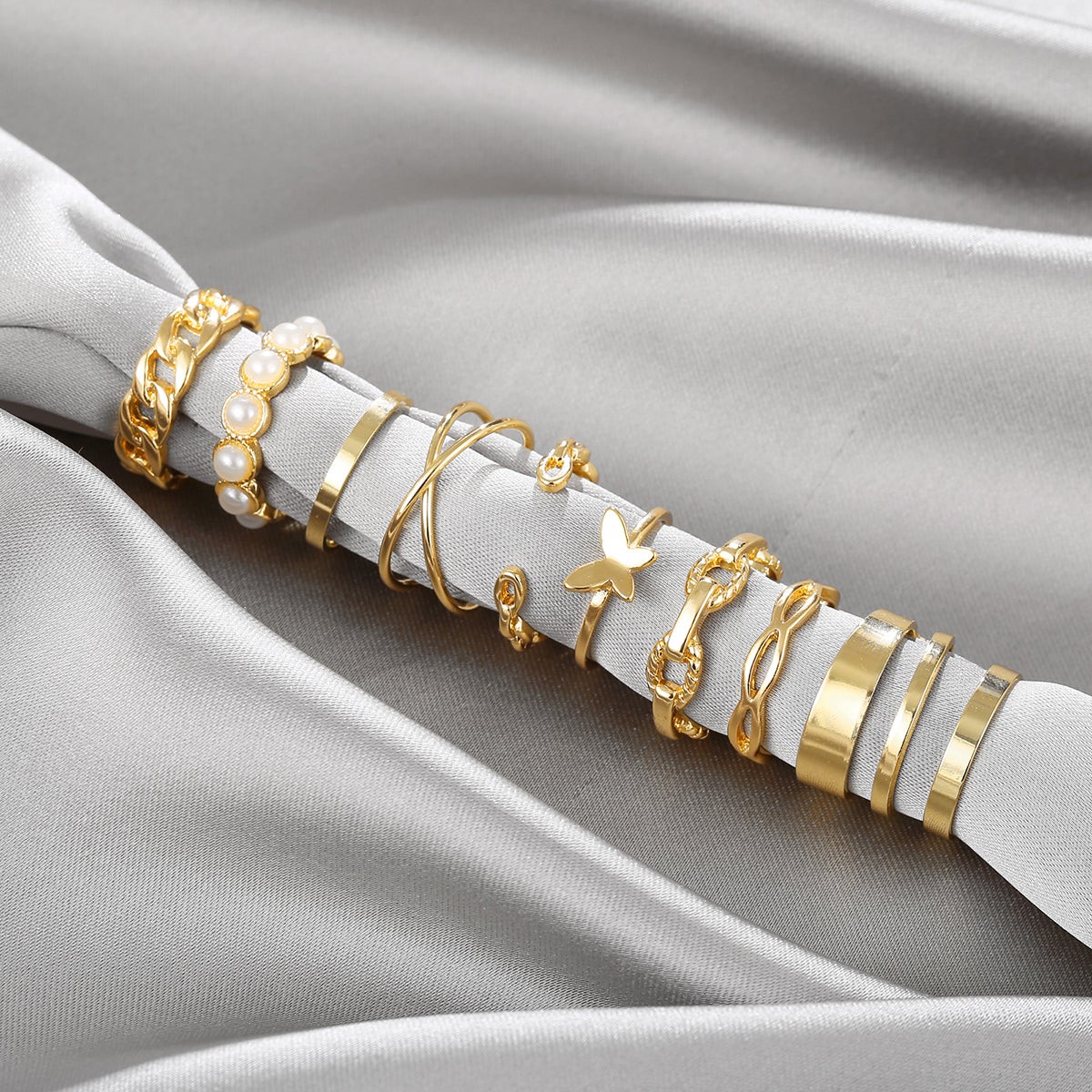 Pearl & 18K Gold-Plated Butterfly Link Band Ring Set