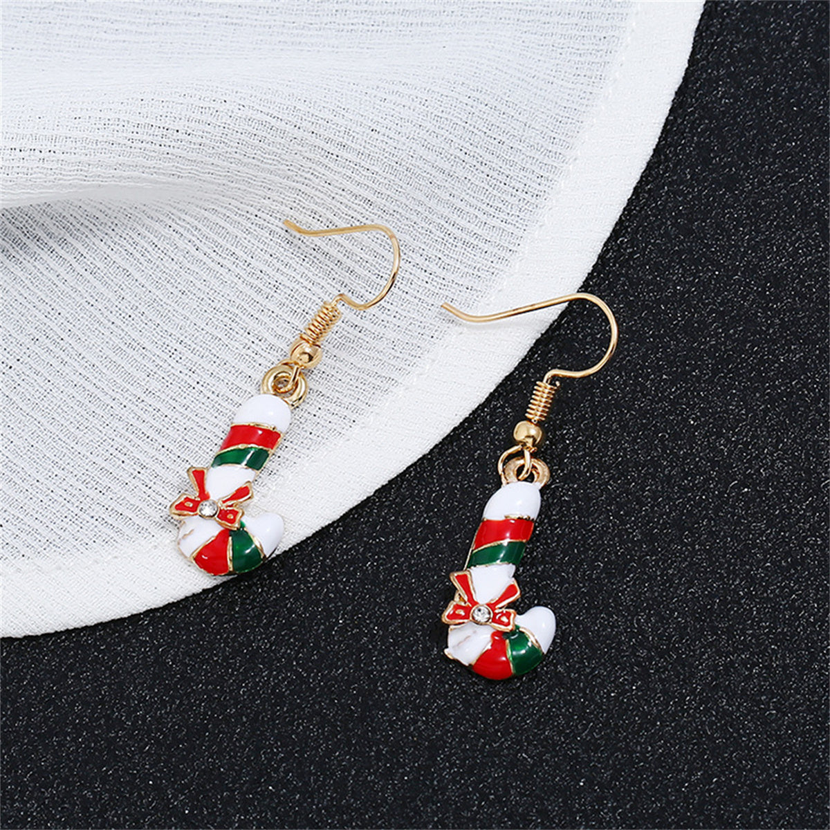 Cubic Zirconia & Enamel 18K Gold-Plated Christmas Crutch Drop Earrings