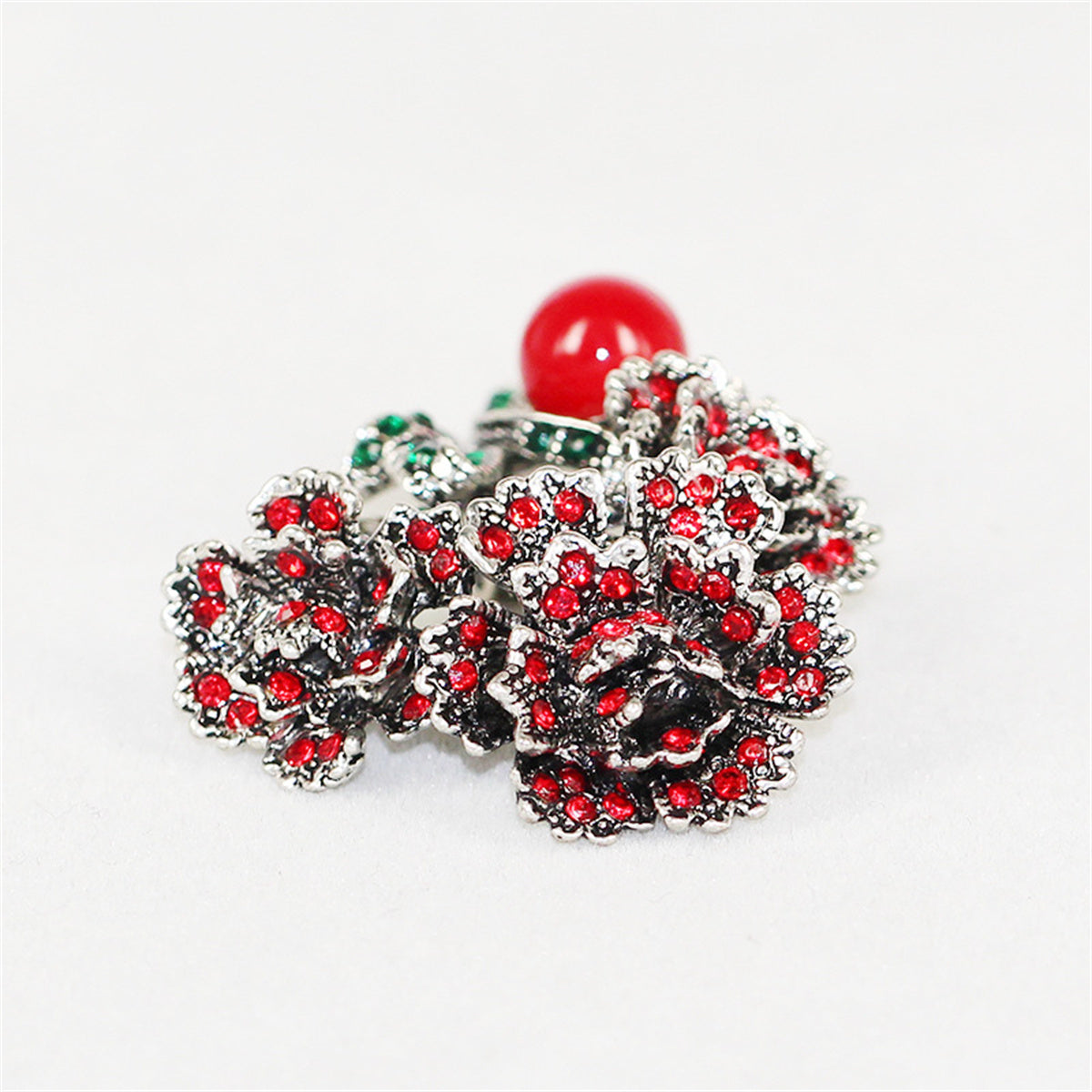 Cubic Zirconia & Red Resin Silver-Plated Flower Brooch
