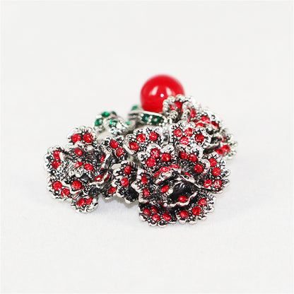 Cubic Zirconia and Red Resin Silver-Plated Flower Brooch, silver brooch pin, dainty minimalist design, side view