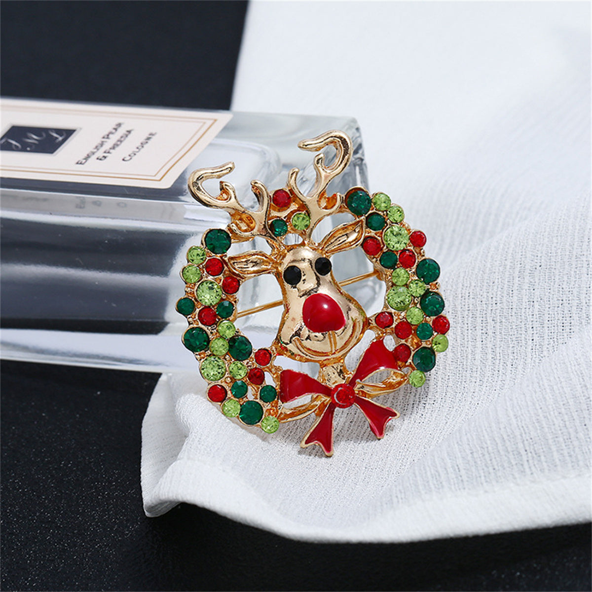 Cubic Zirconia and Enamel 18K Gold-Plated Reindeer Wreath Brooch, gold brooch pin, dainty minimalist design, lifestyle look