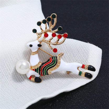 Cubic Zirconia and Pearl Enamel 18K Gold-Plated Reindeer Brooch, gold brooch pin, everyday style, front view