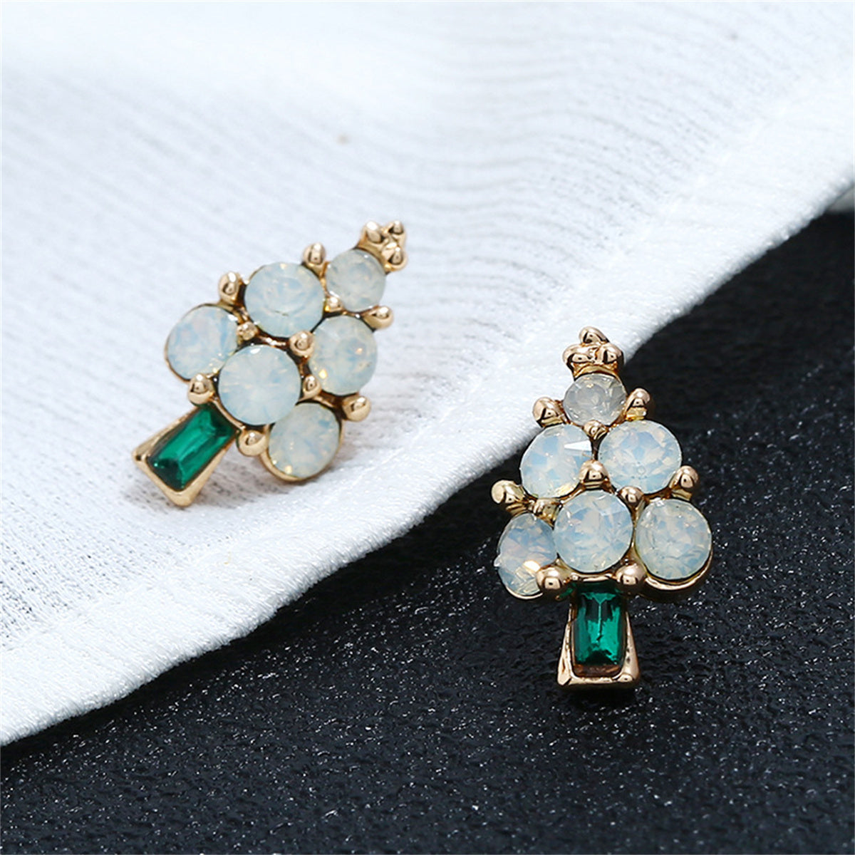 Green Crystal and Cubic Zirconia Christmas Tree Stud Earrings, stud earrings for women, dainty minimalist design, side view