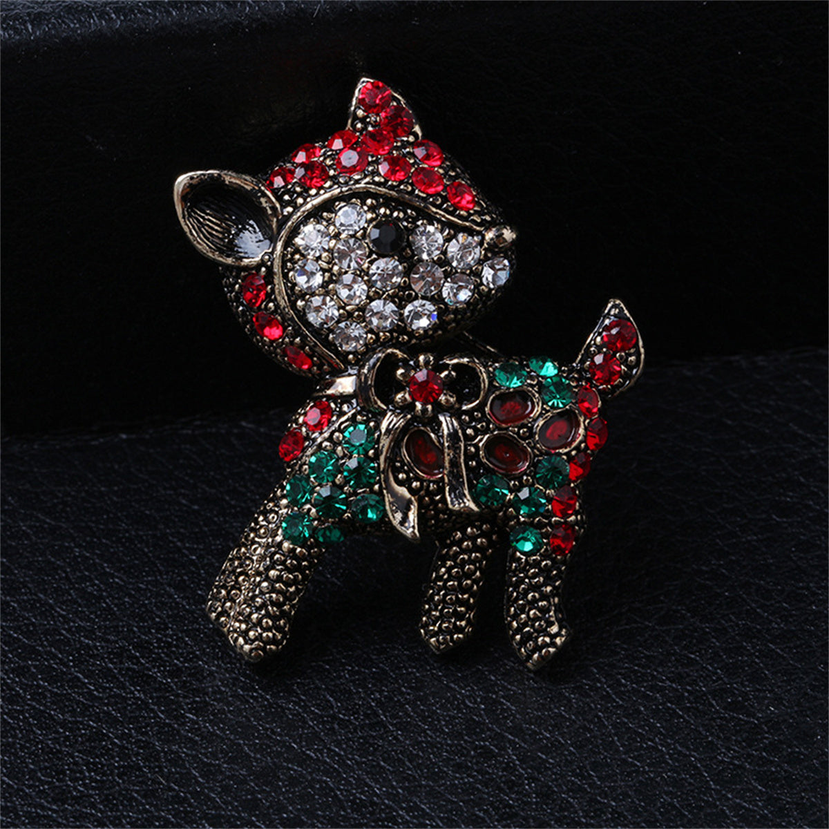Red Cubic Zirconia and Silver-Plated Reindeer Brooch, silver brooch pin, dainty minimalist design, front view