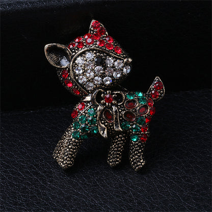Red Cubic Zirconia and Silver-Plated Reindeer Brooch, silver brooch pin, dainty minimalist design, front view