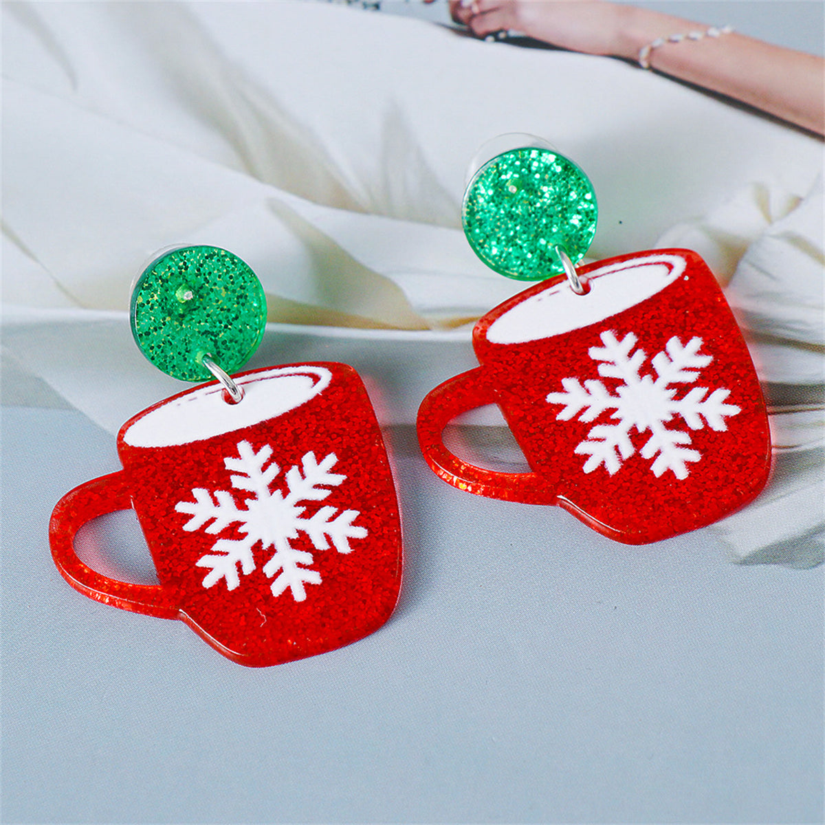 Red and Green Glitter Tiered Snowflake Cup Drop Earrings, drop earrings for women, elegant gift for her, side view