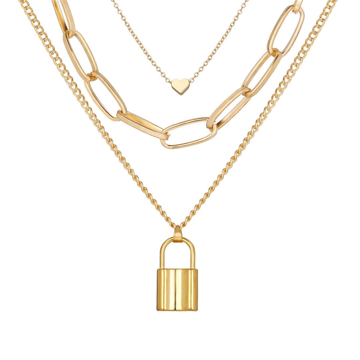 18K Gold-Plated Lock and Heart Pendant Layer Necklace, gold pendant necklace for women, elegant gift for her, front view