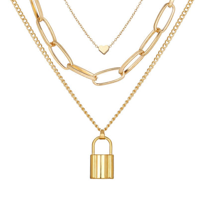 18K Gold-Plated Lock and Heart Pendant Layer Necklace, gold pendant necklace for women, elegant gift for her, front view