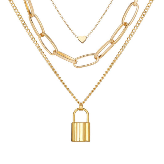18K Gold-Plated Lock and Heart Pendant Layer Necklace, gold pendant necklace for women, elegant gift for her, front view